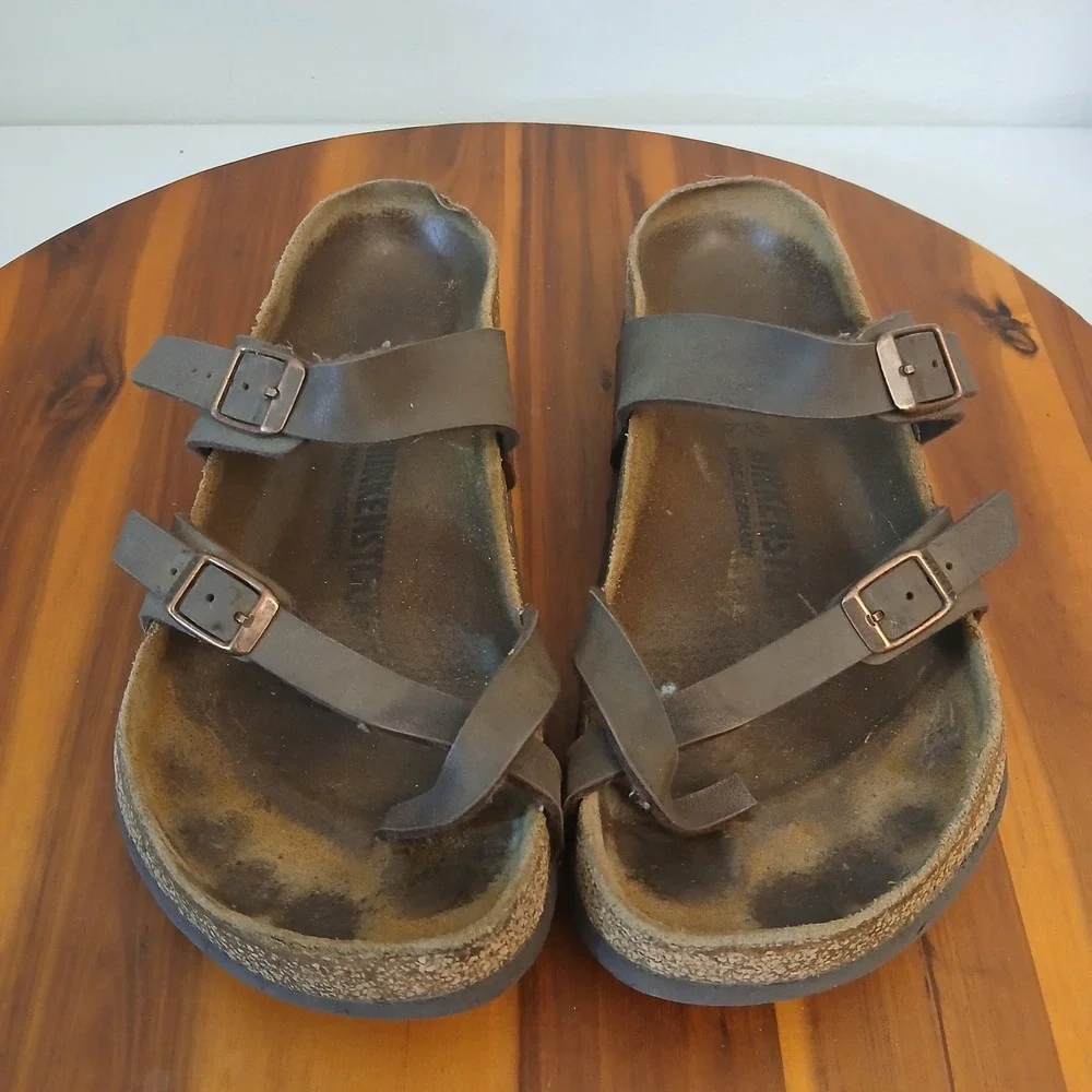 Birkenstock Mayari Sandals Womens 38 Brown Leather Strappy Cork Footbed Slides